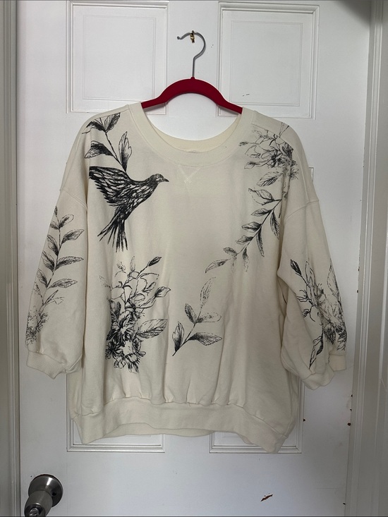 Pilcro Tops - Pilcro Cream Pullover Sweatshirt with Black Botanical & Bird Print